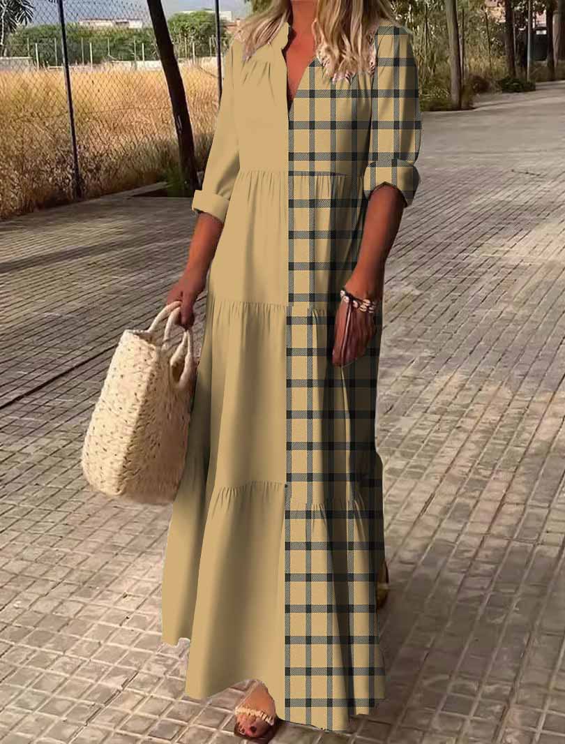 Women Checkered,Khaki,Black DZDN0308 SPU Printed Long Sleeve V-neck Maxi Dress