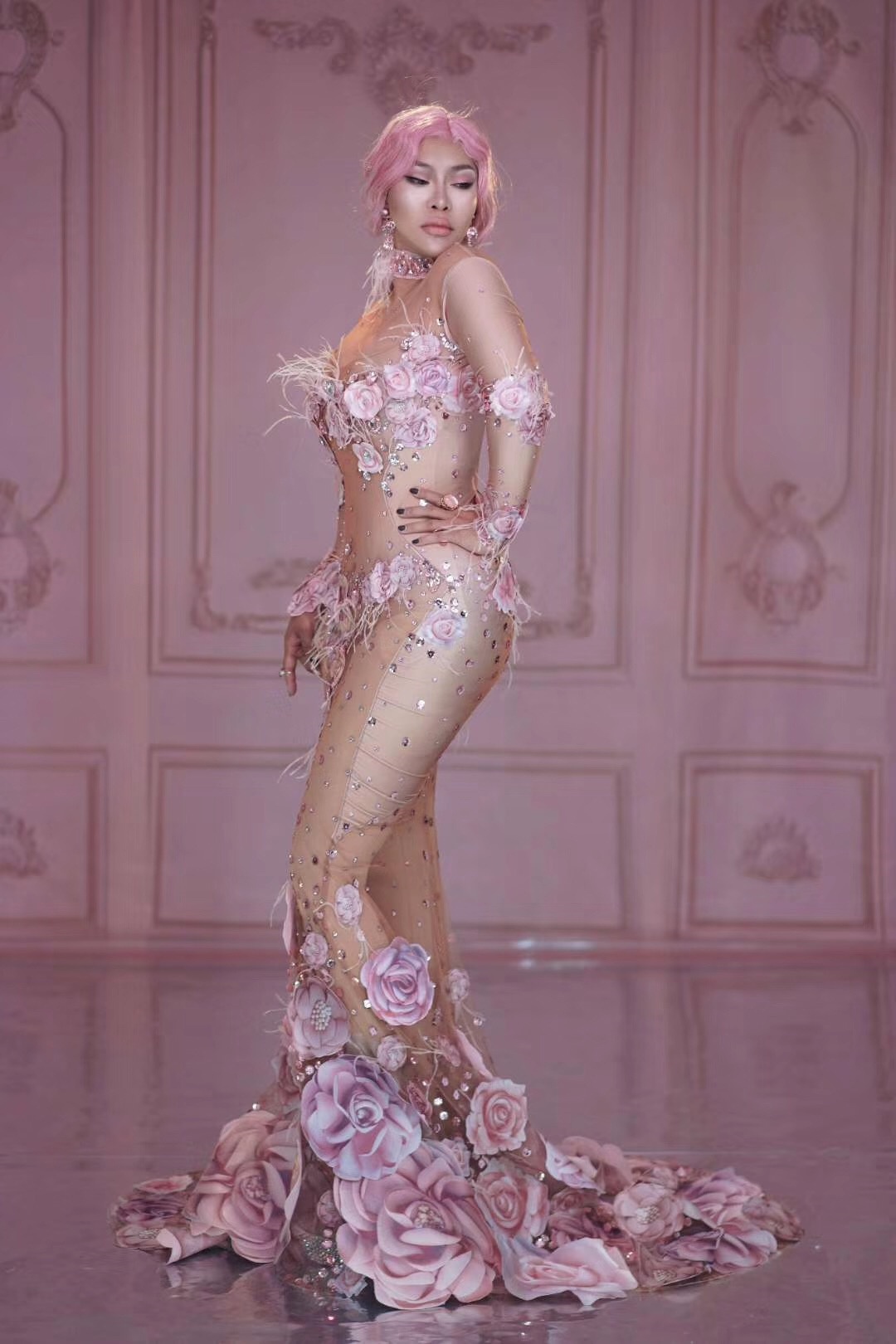 GOOSHOE Floral Costume Mesh Gauze Flower Dress Feathers Rhinestones Pink Dresses Costume