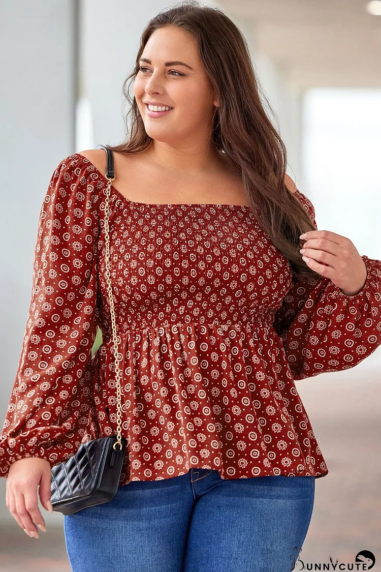 Fiery Red Plus Size Square Neck Printed Peplum Top