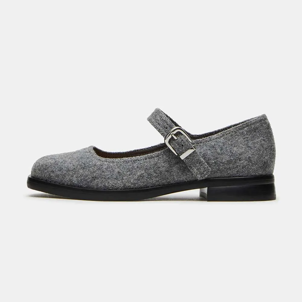 Chic Grey Farbic Square Toe Buckle Strap Women Mary Jane Shoes