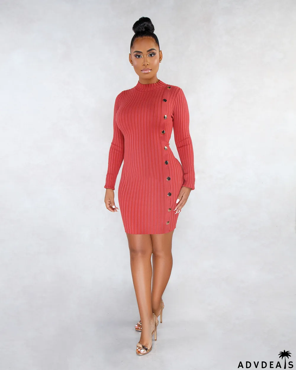 Solid Long Sleeves High Collar Slim Mini Dress