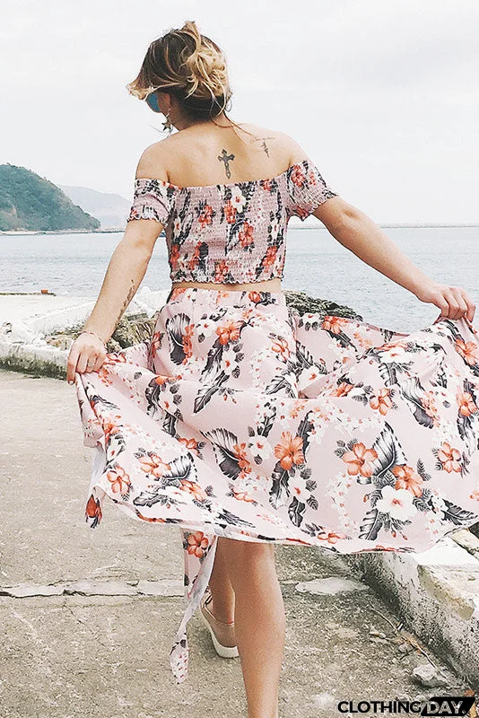Off-the-shoulder Floral Slit Two Piece Sets
