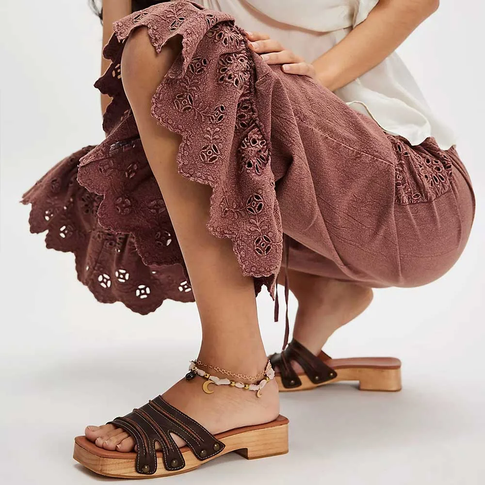 Brown Chunky Heel Open Square Toe Platform Sandals with Studs
