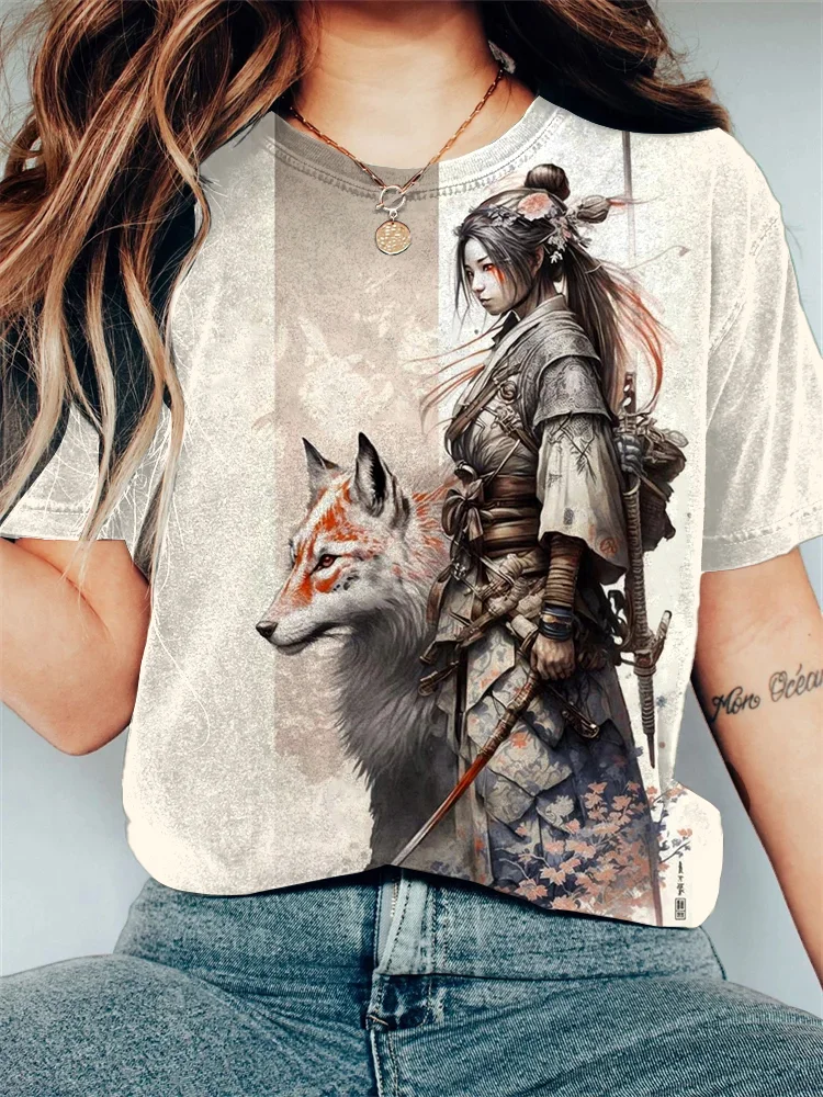 Women's Fox Warrior Japanese Samurai Art Print Casual T-Shirt
