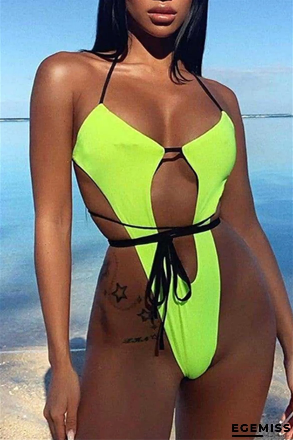 FluoYellow Sexy Strap Integrated One-Piece Swimsuit | EGEMISS