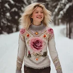 Boho Rose Gradient Knit Embroidered Art Women's Turtleneck Icelandic Sweater - Image 2
