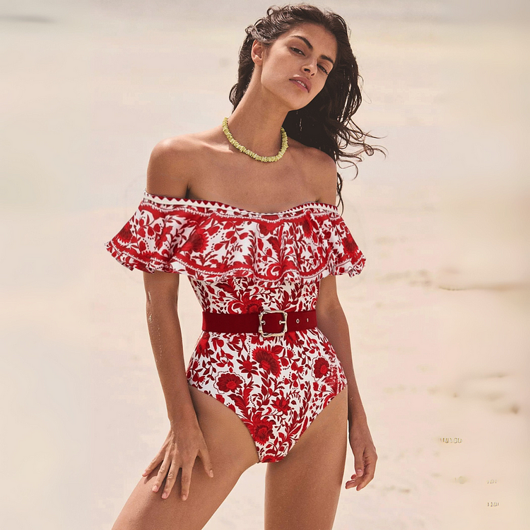 Bandeau Ruffled Red Flower Silhouette Print One Piece