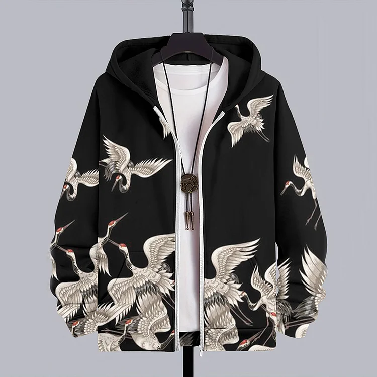 Japanese Art Crane Print Casual Zip Hoodie