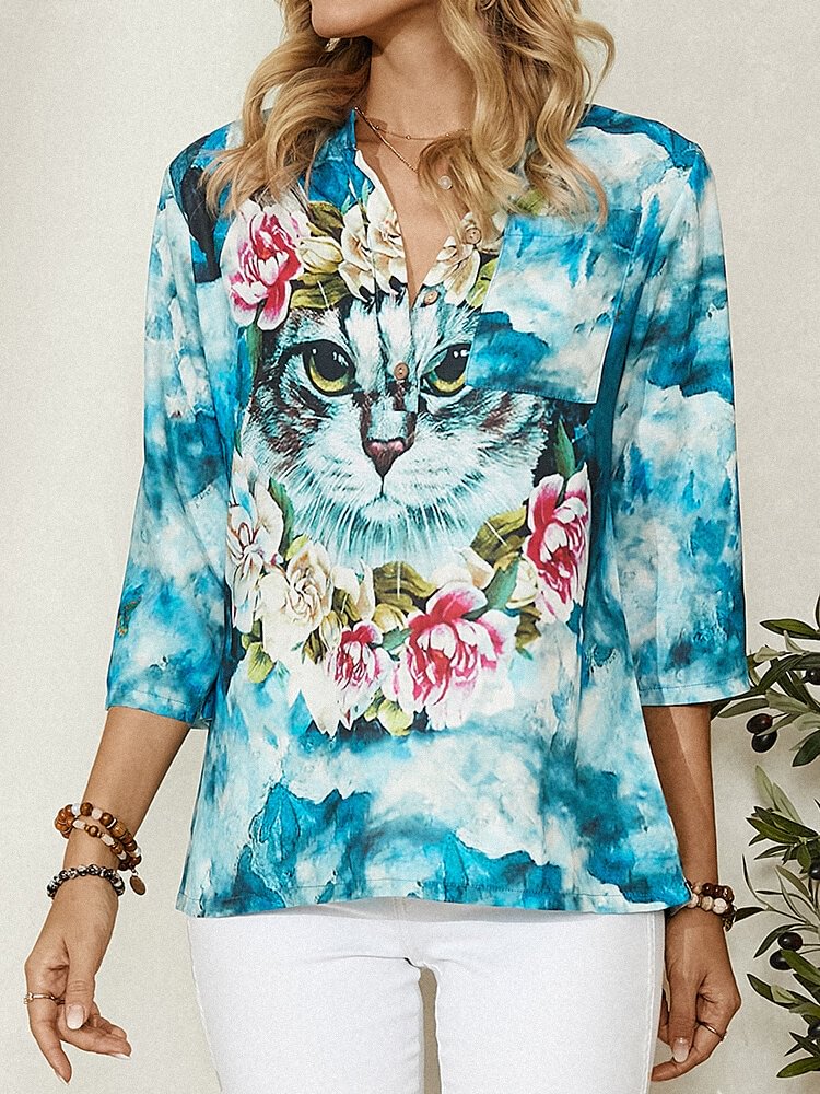 Colorful Cat Floral Print Pocket Long Sleeve Casual Blouse for Women P1798390