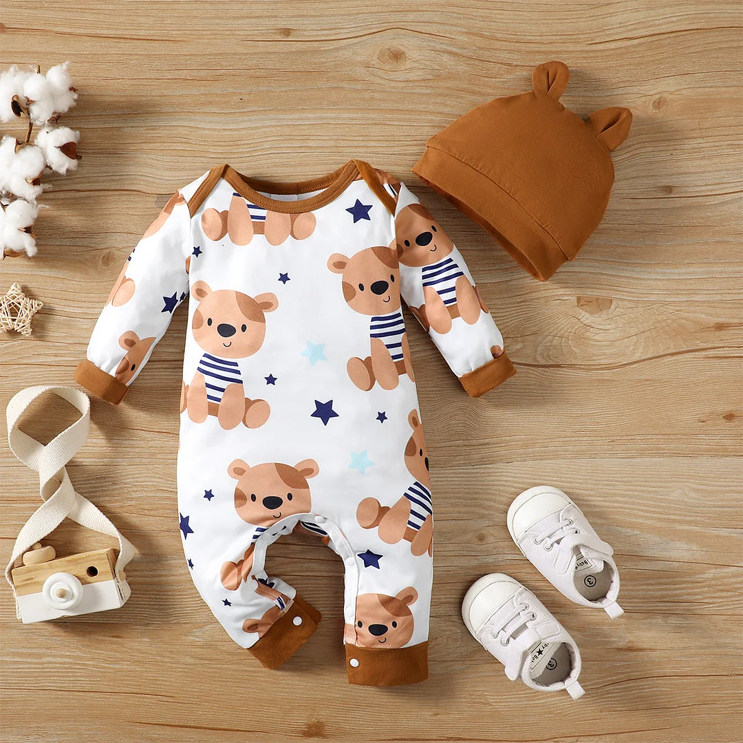 2pcs Baby Boy Allover Cartoon Sloth Print Long-sleeve Jumpsuit with Hat Set