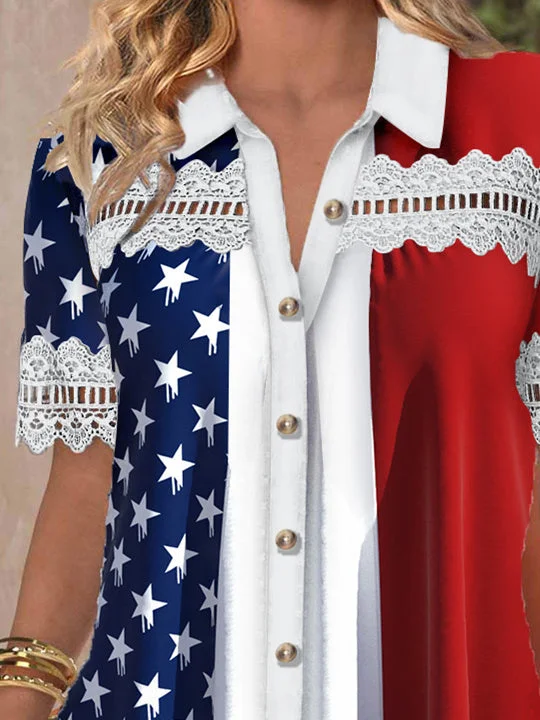 Women's Short Sleeve V-neck Lace Stitching Hollow Graphic Top