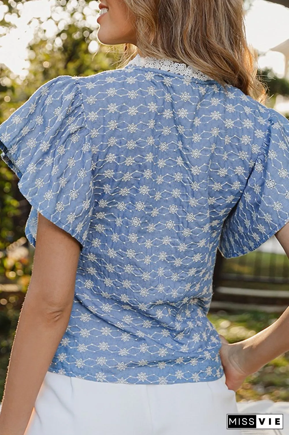 Lace Neck Ruffle Hollow-Out Blouse