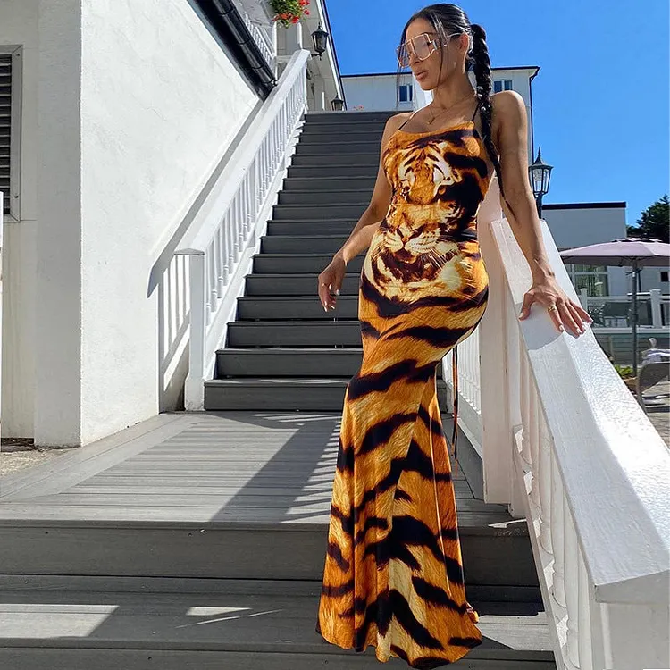 Sexy Animal Print Polyester Maxi Dress with Backless Lace-Up Detail