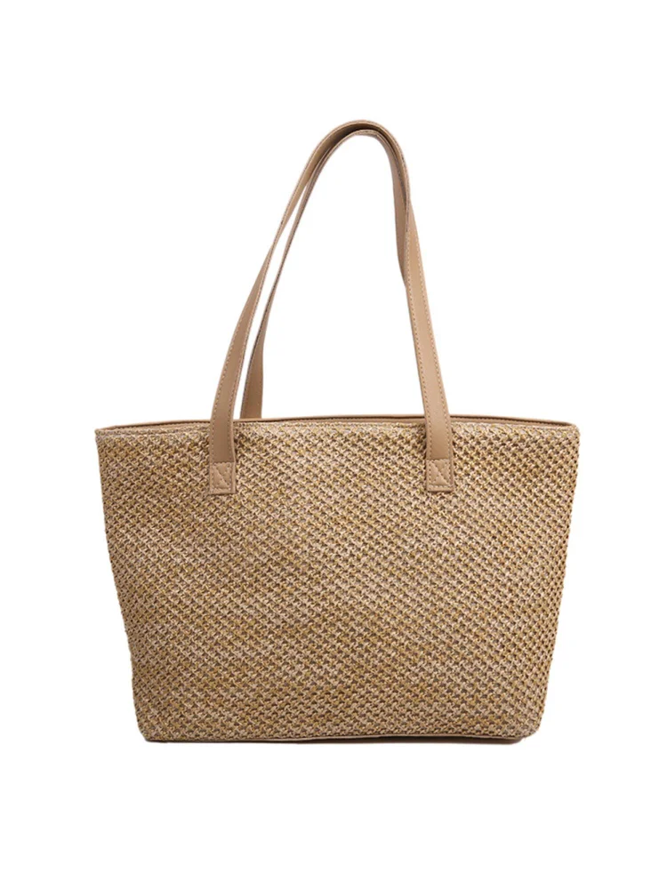 Fashion Women Beach Straw Woven Shoulder Tote Bag Large Handbags (Khaki)