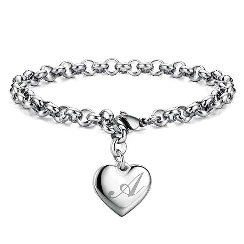 Sterling Silver A-Z Initial Letter Heart Charm Bracelets