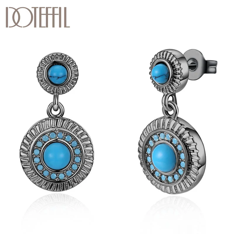 DOTEFFIL 925 Sterling Silver Turquoise Round Earring For Woman Jewelry