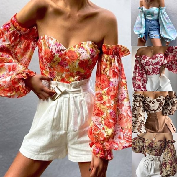 Women's Sexy Strapless Ruffles Long Sleeve Crop Tops Summer Party Chiffon Casual Top Tee - Shop Trendy Women's Clothing | LoverChic