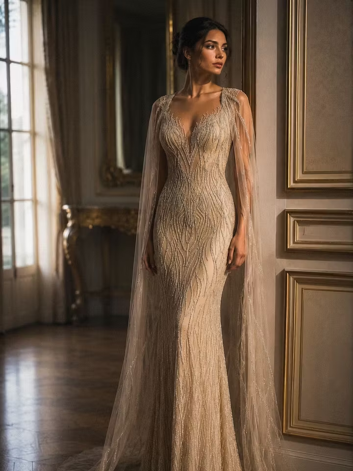 Tulle Deep V-Neck Cape Sleeves High-Waisted Long Mermaid Prom Dress With Beading | LX0069 Wellcucu