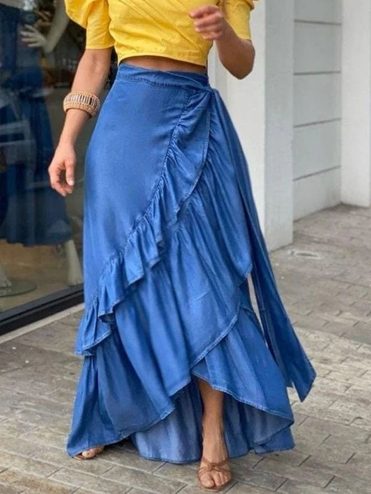 Elegant Plain Ruffle Hem Knot Waist Maxi Skirt