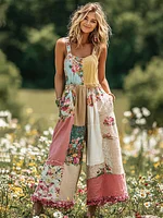 Women's Vintage Floral Patch Art Print Comfy Jumpsuit