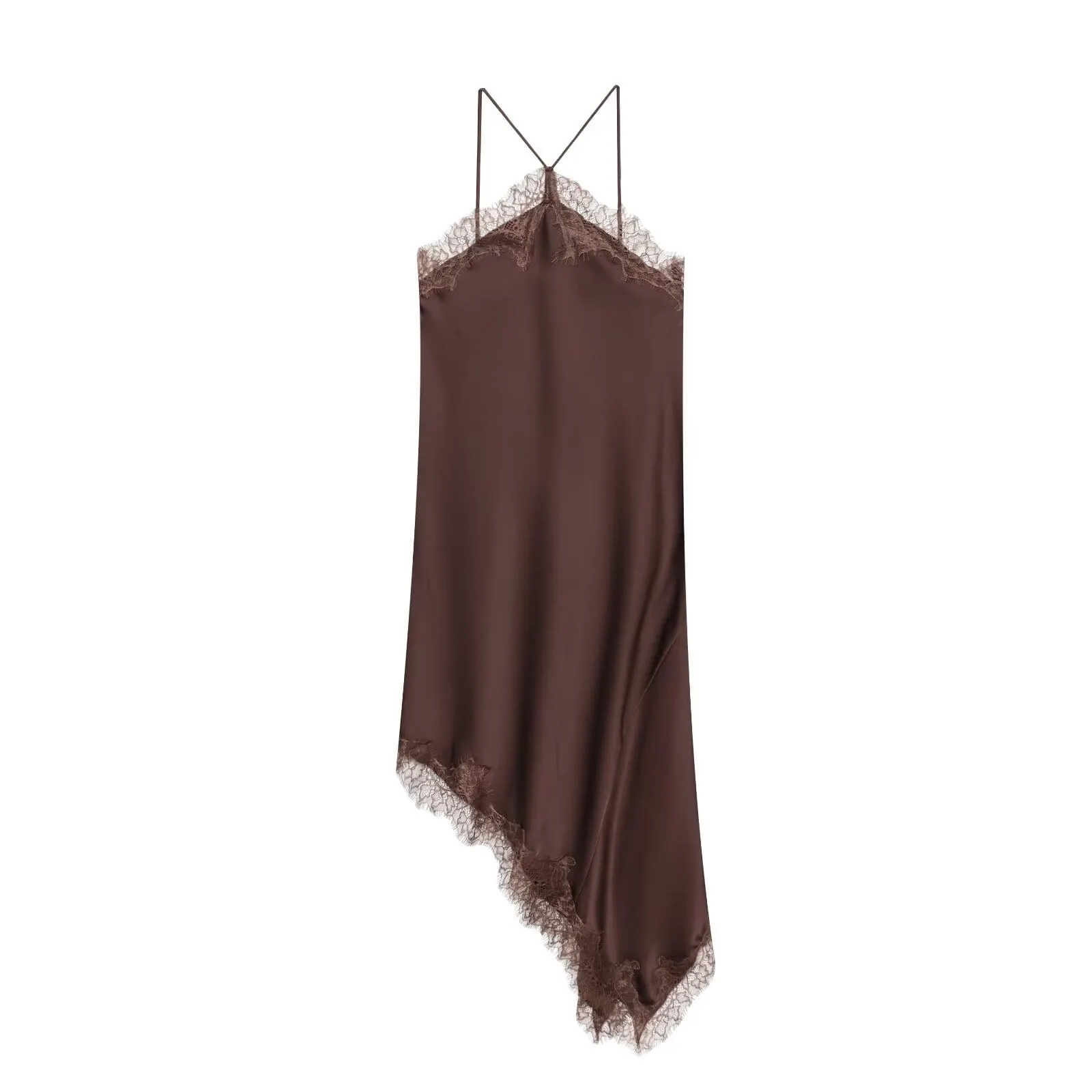 Solid Halter Cross Strap Lace Trim Open Back Irregular Midi Dress