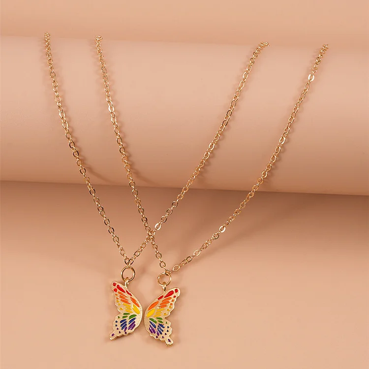 Fashion Gold Rainbow Butterfly Double Chain Necklace