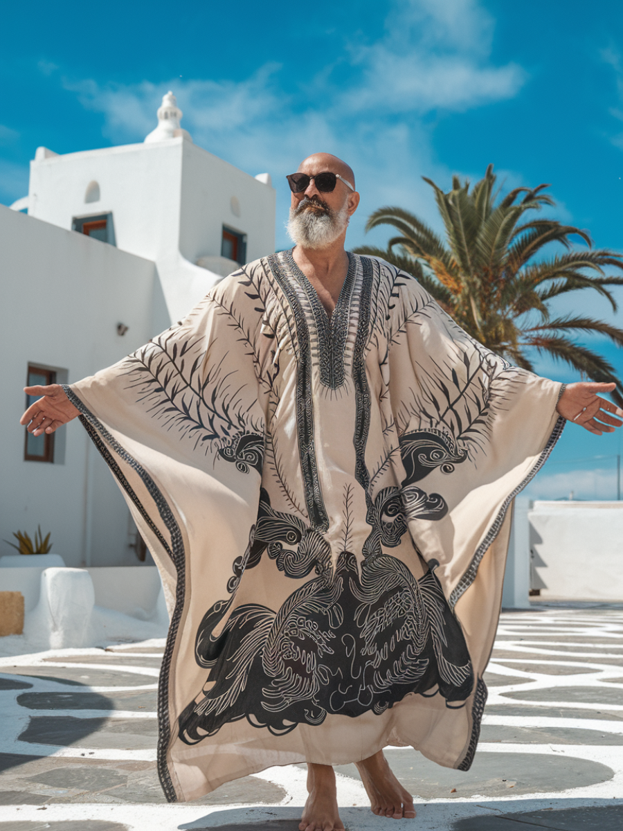 Men's Black Feather Print Polyester V-Neck Kaftan