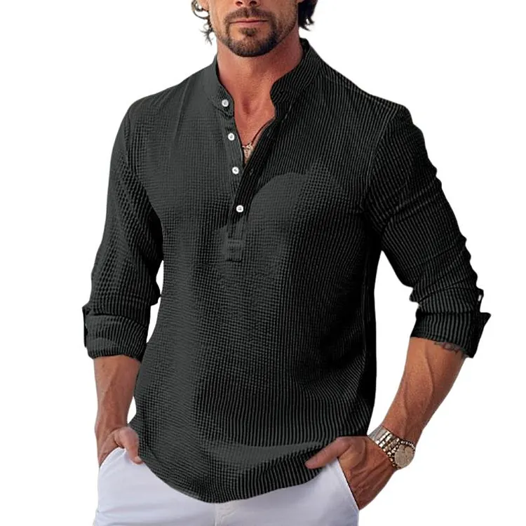 Men's Waffle Stand Collar Rolled Sleeve Long Sleeve Shirt 19984852Y