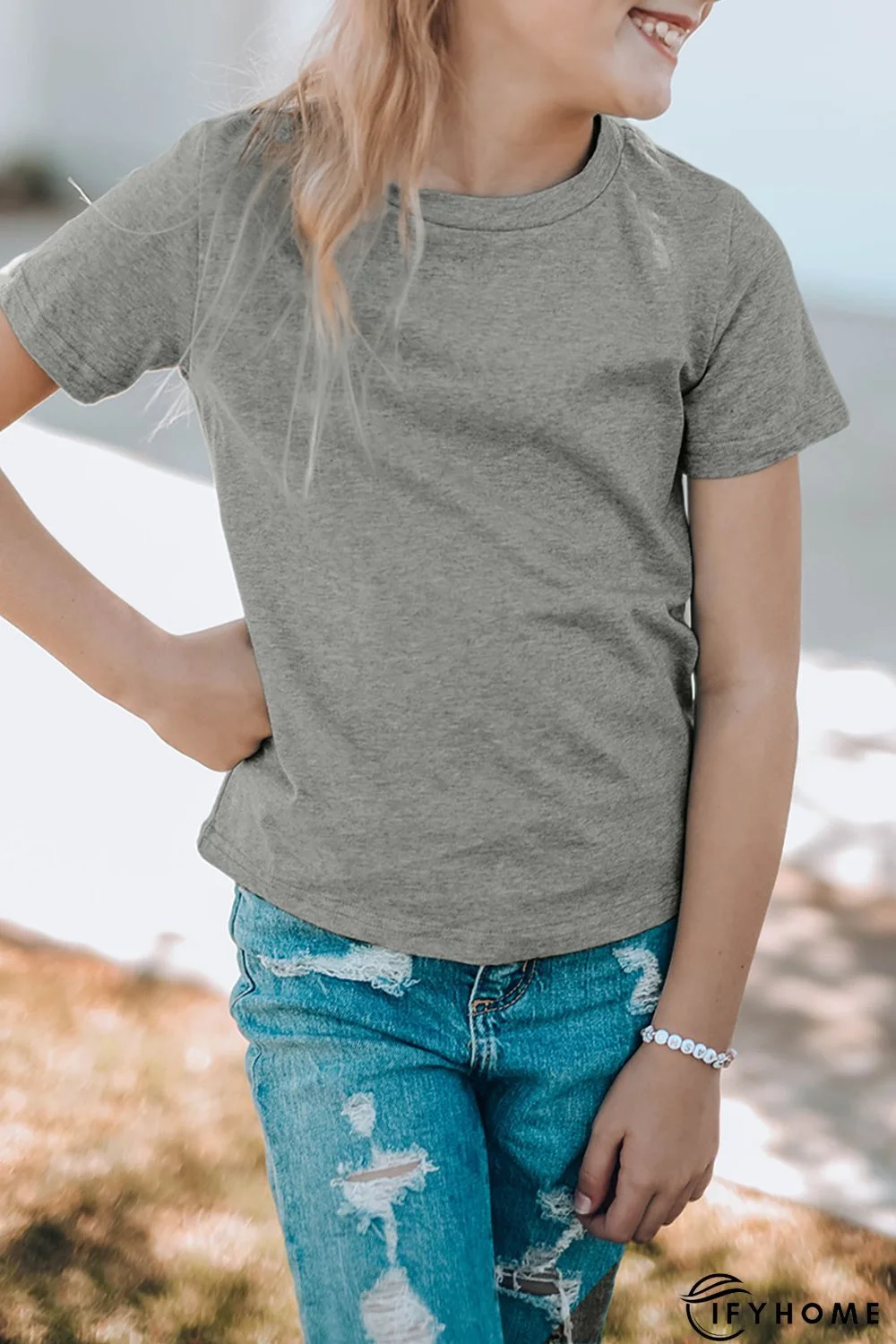 Gray Solid Color Short Sleeve Crewneck Kid's Tee | IFYHOME