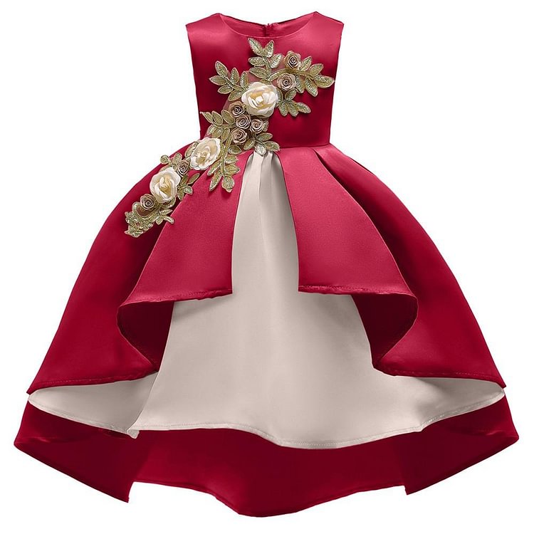 Red Applique Flower Girls Sleeveless Bowknot Birthday Party Gown Dress-Mayoulove