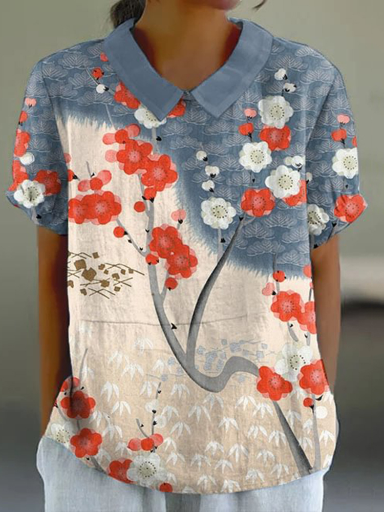 Comstylish Japanese Art Flower Print Casual Blouse