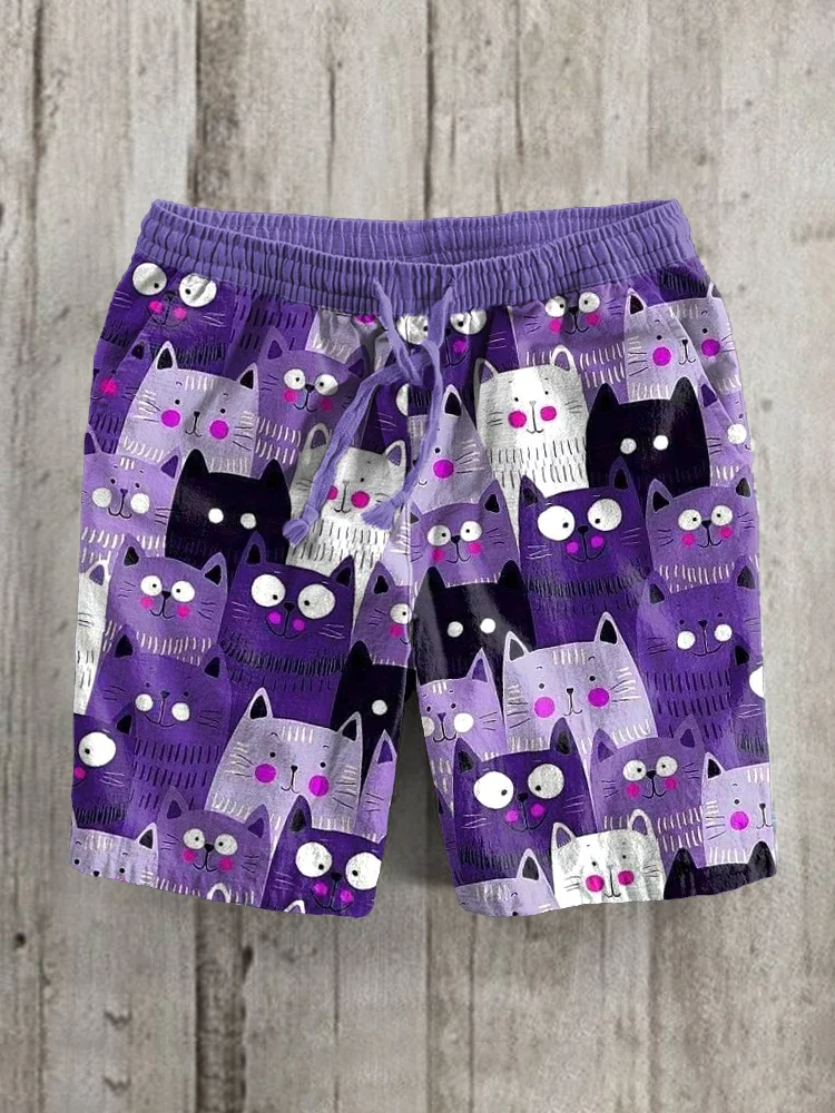 Funny Cats Print Linen Blend Casual Shorts