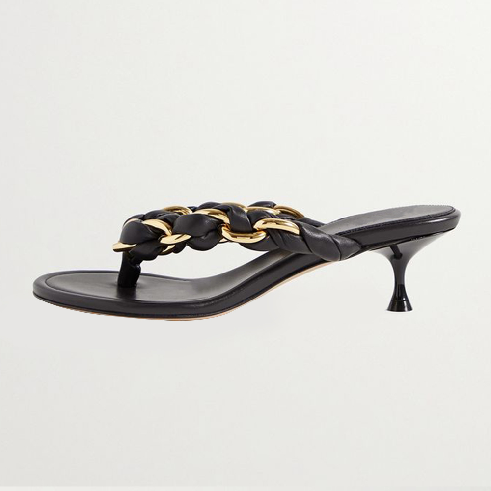 Black Vegan Leather Open Toe Kitten Heel Gold Chain Mules Nicepairs