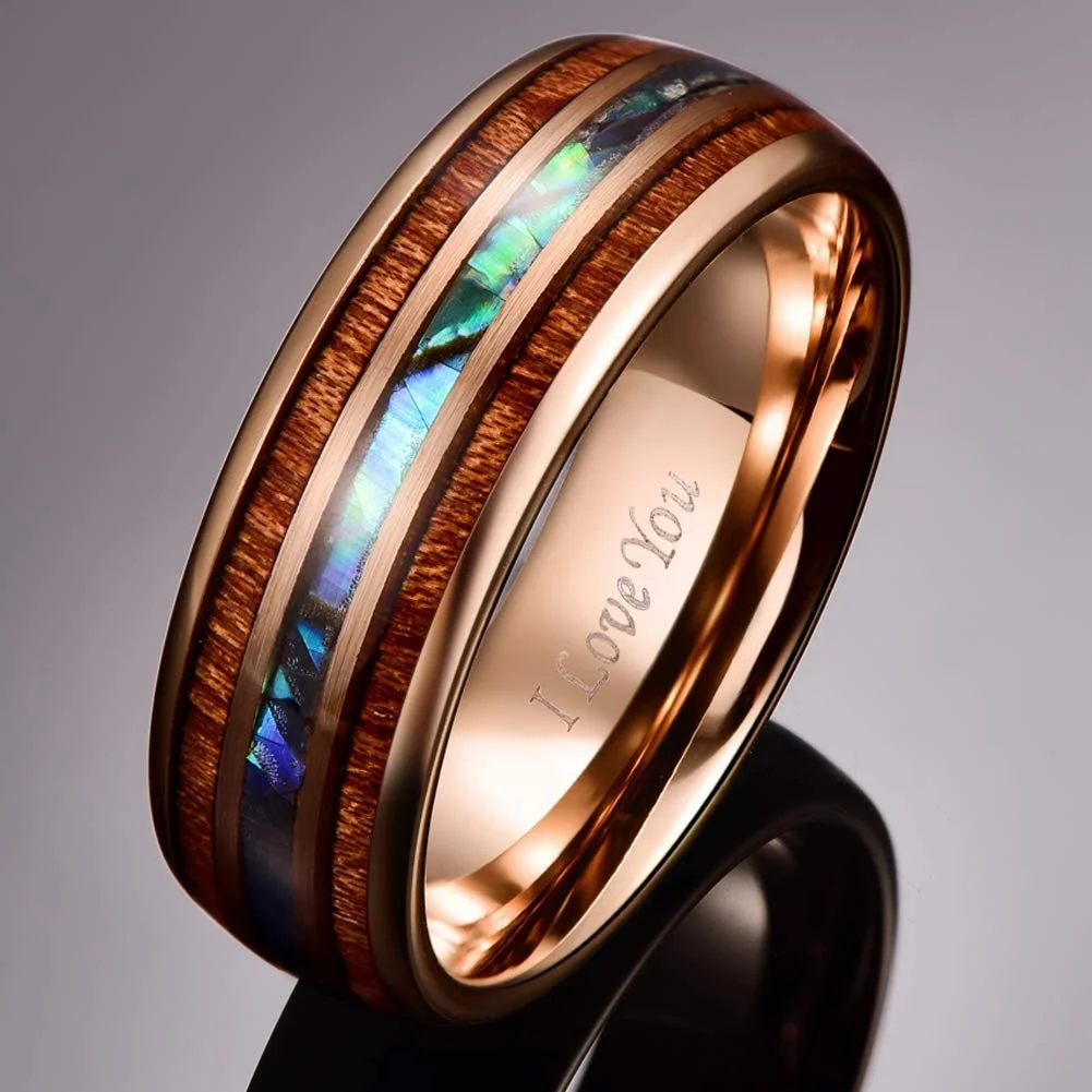 6MM 8MM Mens Women Tungsten Hawaiian Koa Wood and Rose Gold+Abalone Shell Imitated Opal Inlay Tungsten Carbide Wedding Bands Comfort Fit
