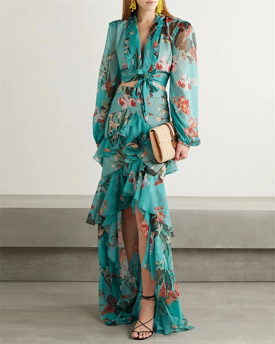 Women's V-neck Tie-print Irregular Ruffled Dress