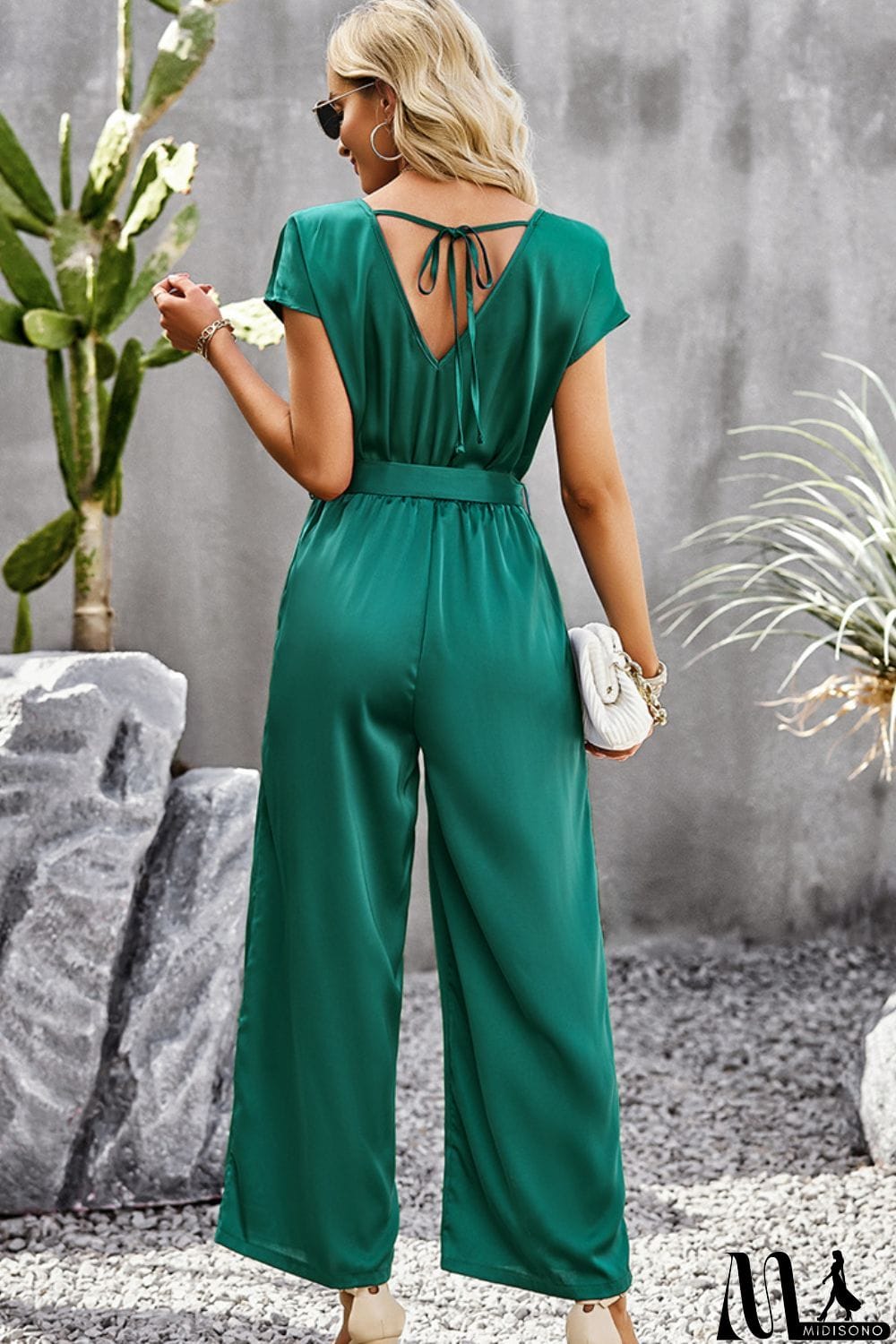 MidiSono - Tie Belt V-Neck Short Sleeve Jumpsuit
