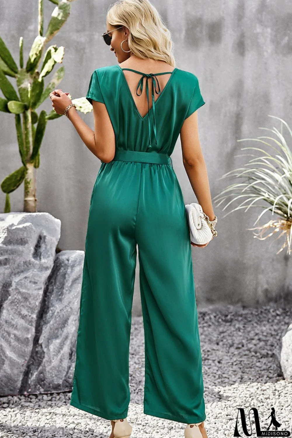 MidiSono - Tie Belt V-Neck Short Sleeve Jumpsuit