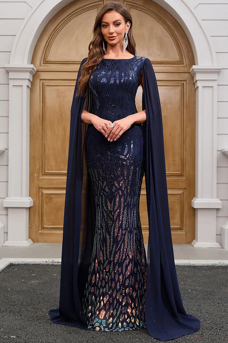 Sequin Cape Sleeve Mermaid Maxi Dress-Navy Blue