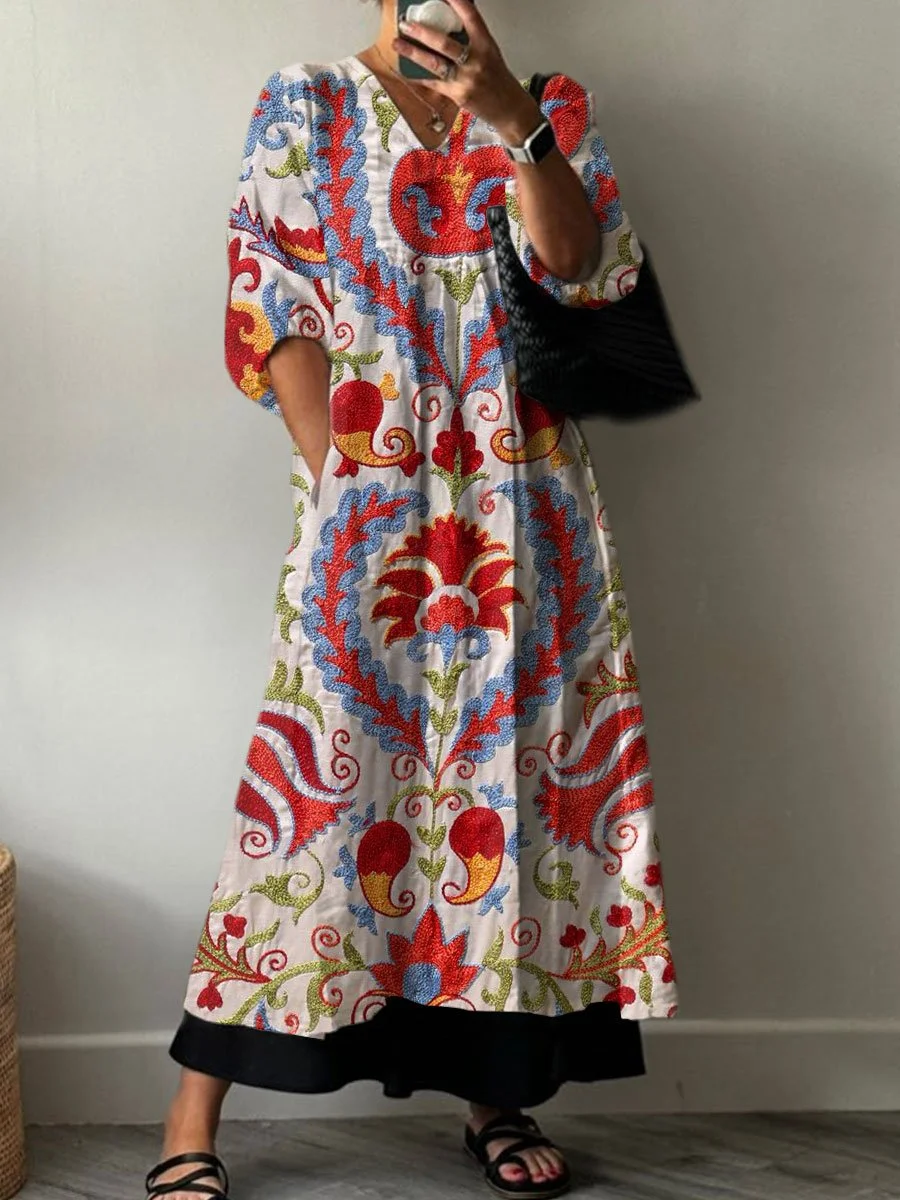Women's  Retro Floral Print Pocket V-neck Cotton Dress