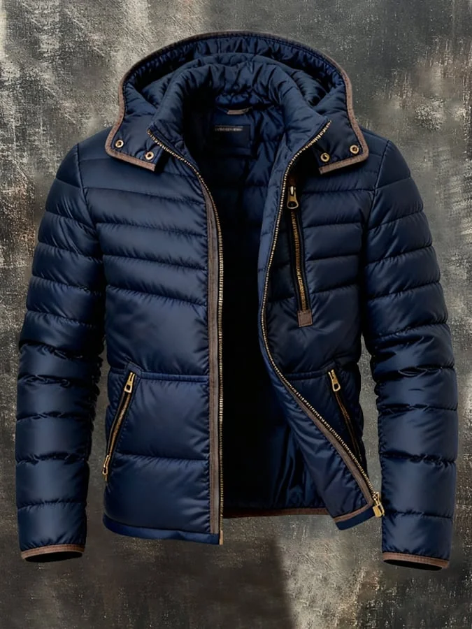 Herren Retro Warm Color Block Kapuzen-Rei&szlig;verschluss Outdoor-Jacke Mantel 