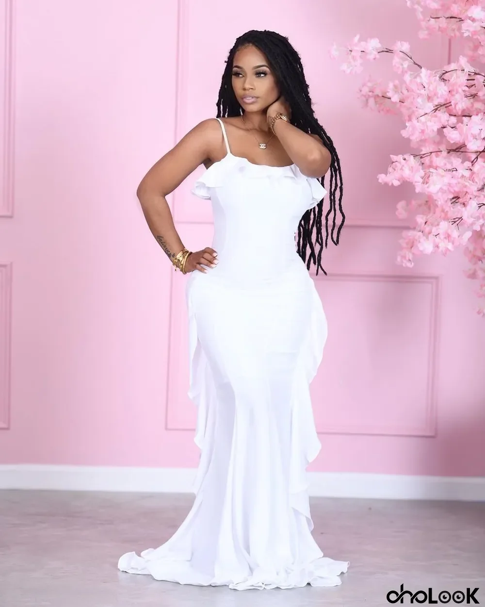 Fashion Solid Color Sling Ruffle Maxi Dress