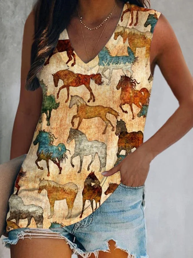 V-Neck Horse West Print Tank Top