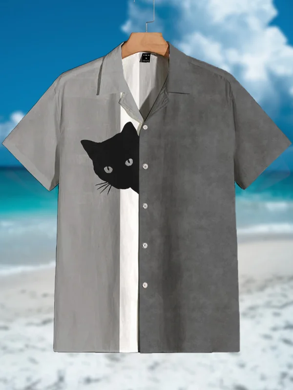 Men's Fun Hide And Seek Black Cat Print Shirt
