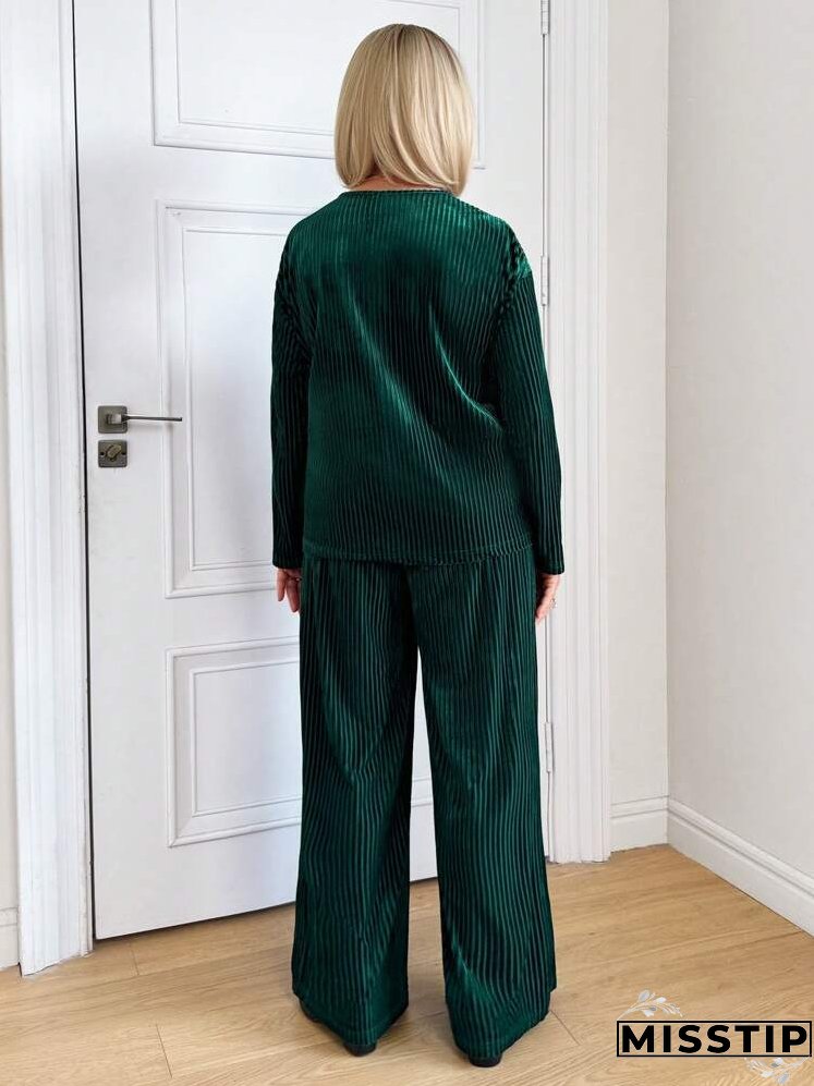 1set Women Velvet Stripe Top & Loose Pants, Olive Green, Suitable For Christmas, Autumn/Winter
