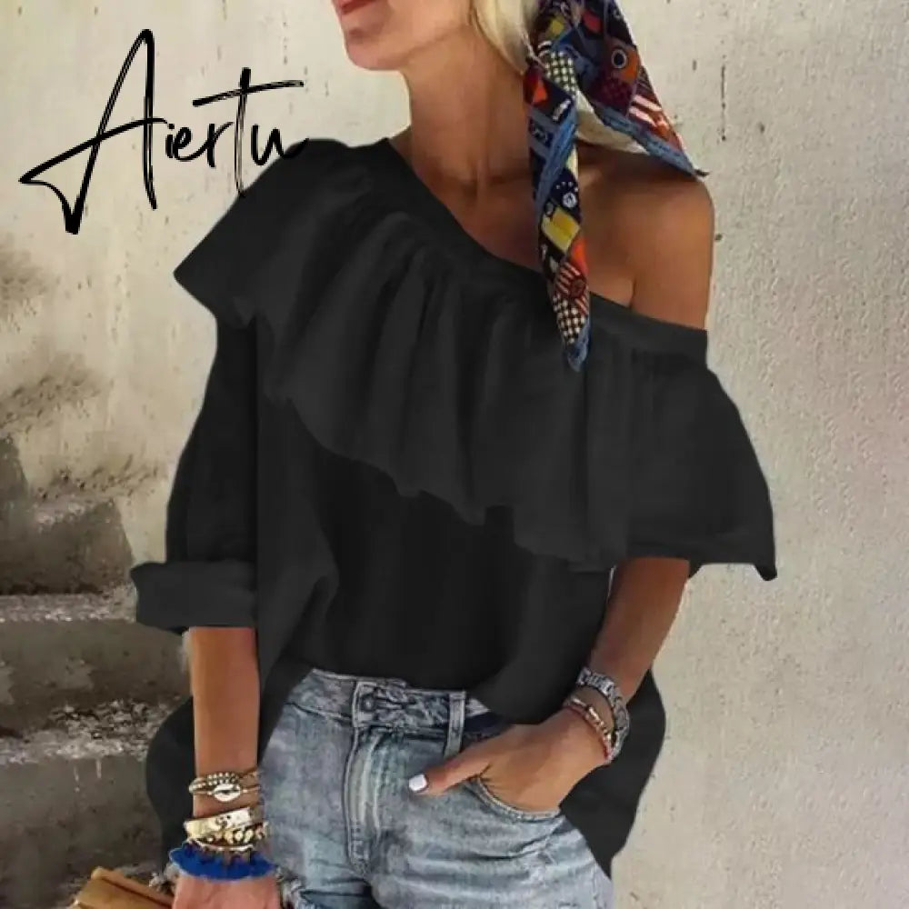 Fashion Off Shoulder Tops Women's Summer Ruffle Blouses Casual Female Solid Shirt Flounce Blusas Chemise Aiertu