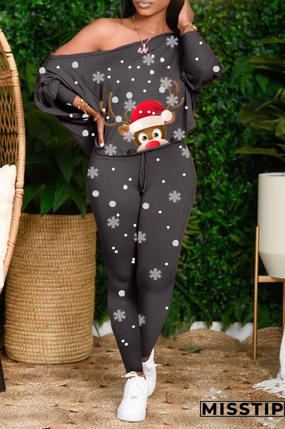 Black Casual Print Patchwork Off the Shoulder Long Sleeve Two Pieces