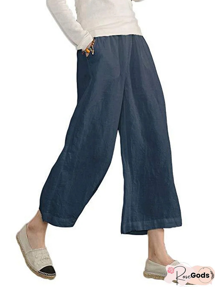 Plus Size Daily Shift Casual Cotton-Blend Buttoned Solid Pants