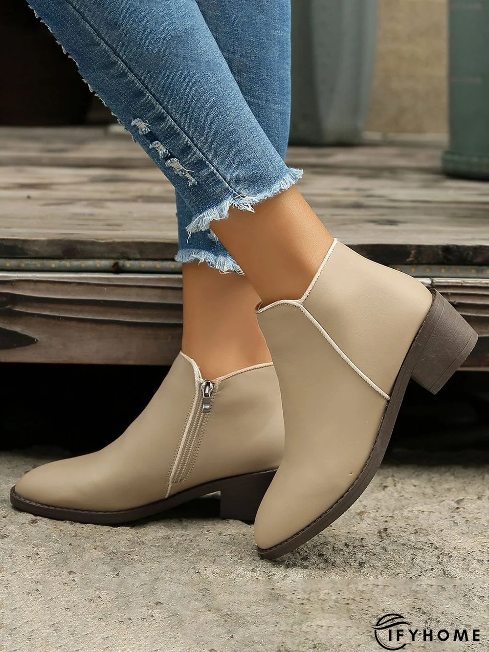 Simple Zipper Pointed Toe Chunky Heel Booties | IFYHOME
