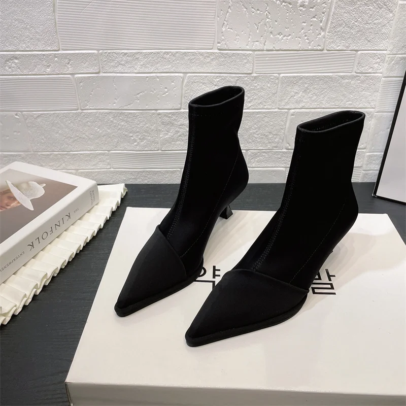 Breakj Breakj Silk Satin Sleeve Tip-Headed Short Boots Women 2025 Autumn And Winter New Fine And Elastic Boots Short-Shot Thin Boots