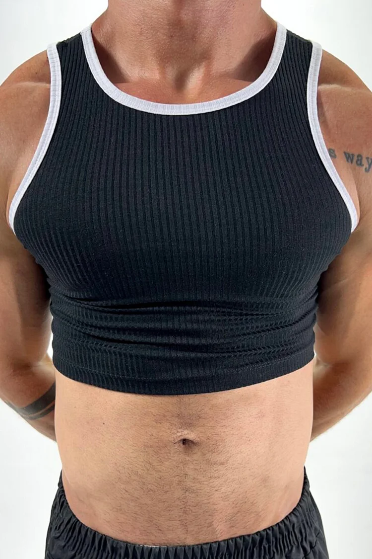 Men's Black And White Colorblock Stretchy Bodycon Crop Tank Top
